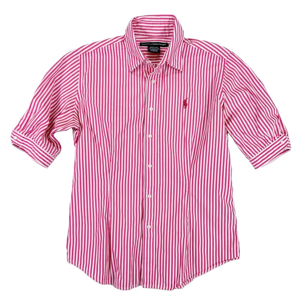 Ralph Lauren Sport Shirt Women 10 Pink White Stripe Elbow Sleeve Pony Preppy EUC